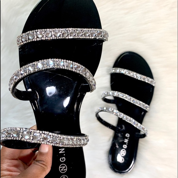 Black 3 Strap Studded Sandals - Picture 2 of 3